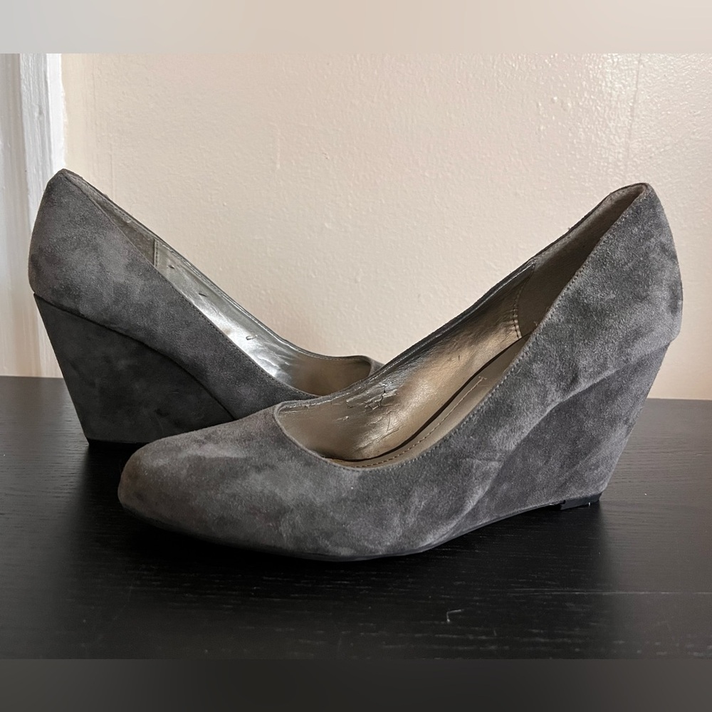 BCBG grey suede wedges, size 8.5